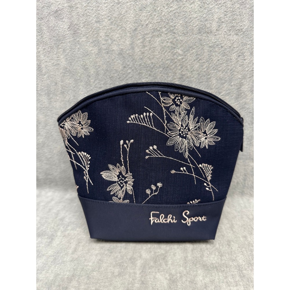 Falchi Sport‎ Makeup Bag Navy Blue Floral Embroidery Zip Pouch Cosmetics